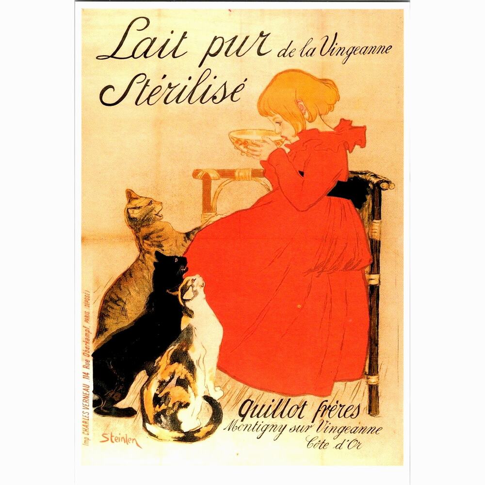 Postcard Cat Young Girl Red Dress Drinking Milk 3 Cats Matt Finish  6 x 4"
